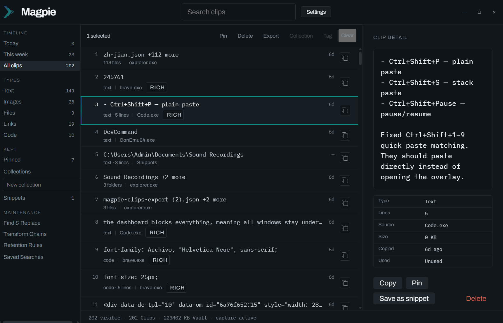 The Magpie dashboard showing captured clips with type, time, and source app