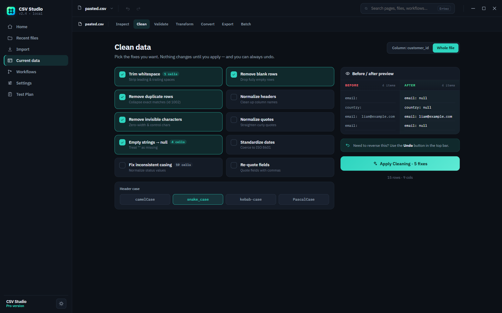 CSV Studio Pro clean screen showing selectable fixes and a before/after preview of the changes