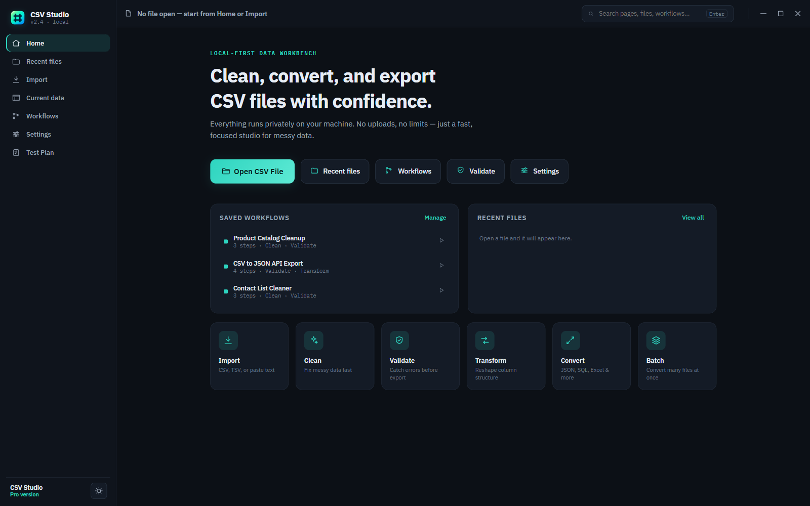 CSV Studio home screen showing recent files, saved workflows, and quick actions